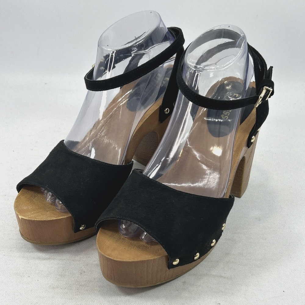 Express Chunky Heel Faux Wood Sandals Women's 9 Black Leather Straps Studs Y2K